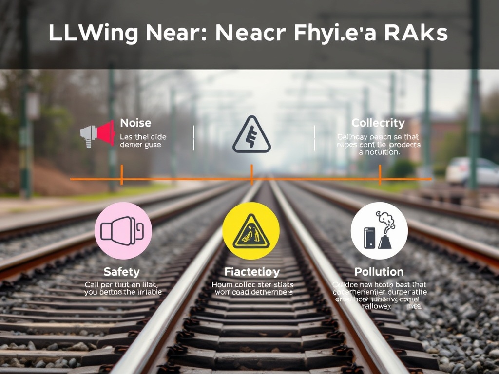 Изображение железнодорожных путей с текстом о шуме, безопасности, фактическом состоянии и загрязнении.