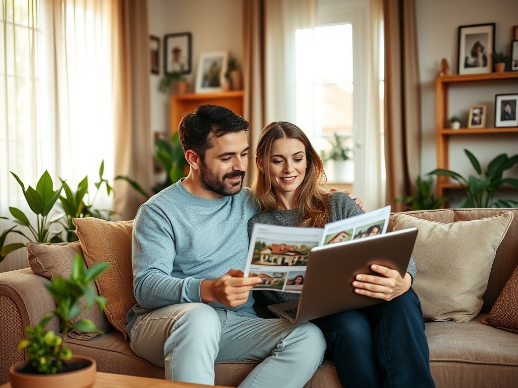 Молодая пара сидит на диване, рассматривая фотографии и ноутбук, наслаждаясь временем вместе.