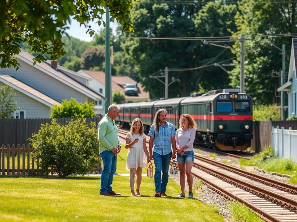 На картинке группа людей стоит рядом с железной дорогой, поезд проезжает мимо на фоне жилых домов.