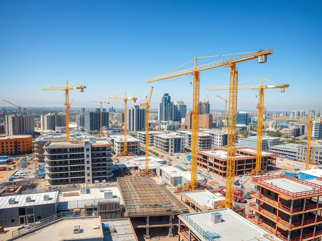Строительная площадка с кранами на фоне городских зданий под ясным небом.