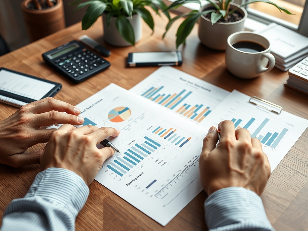 Человек анализирует графики и диаграммы на бумаге, рядом калькулятор и чашка кофе.