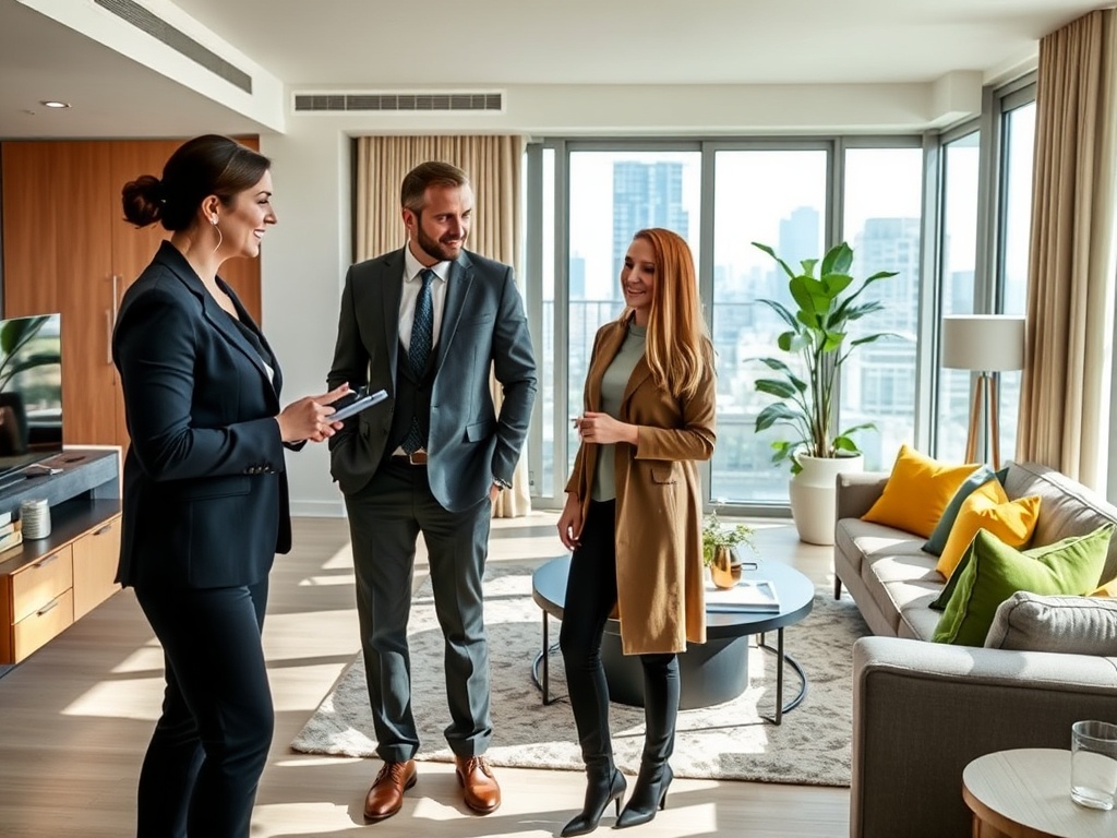 Трое людей обсуждают что-то в современном офисе с большим окном и уютной обстановкой.