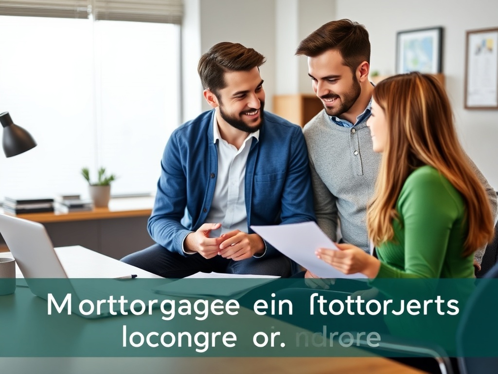 Трое молодых людей обсуждают документы за столом в офисе, улыбаются и активно общаются.