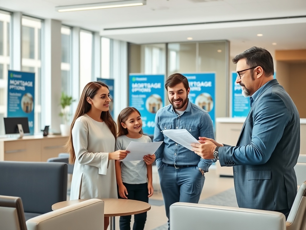 Семья обсуждает ипотечные варианты с консультантом в современном офисе. Все выглядят заинтересованными.