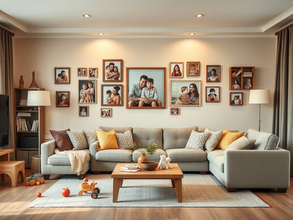 Современный уютный интерьер гостиной с диваном, фотографиями на стене и деревянной мебелью.