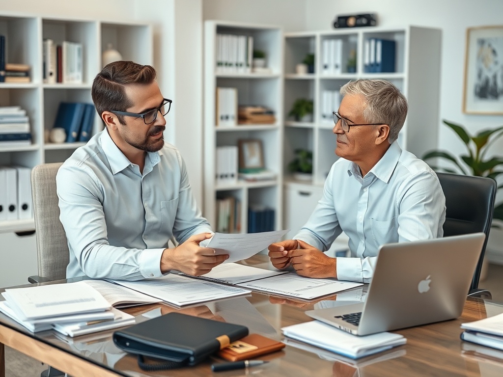 На фотографии два человека беседуют в офисе, обсудив документы на столе рядом с ноутбуком.