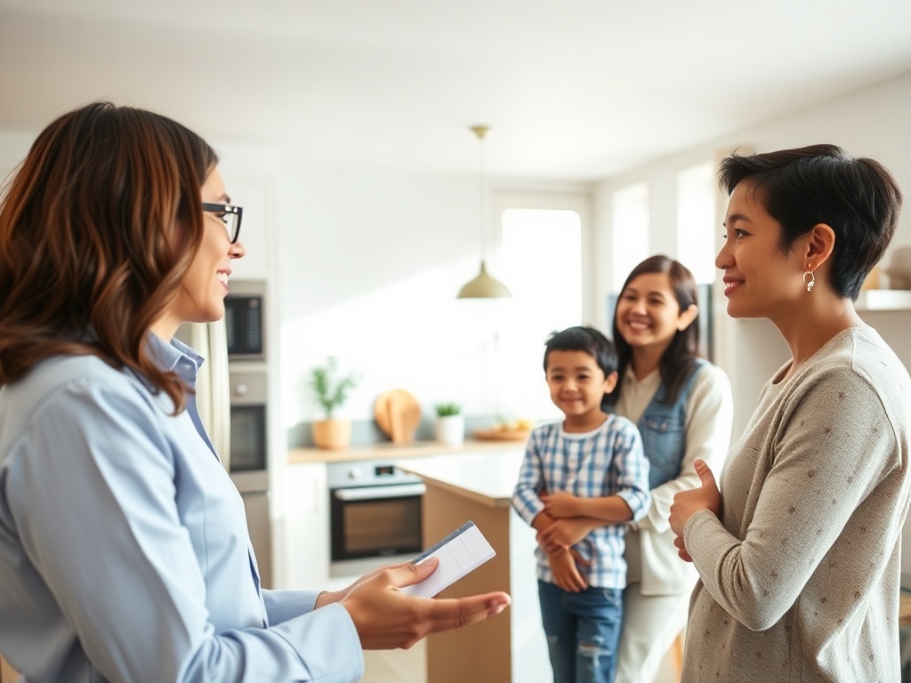 На изображении женщины общаются в светлом кухонном пространстве; двое детей улыбаются.