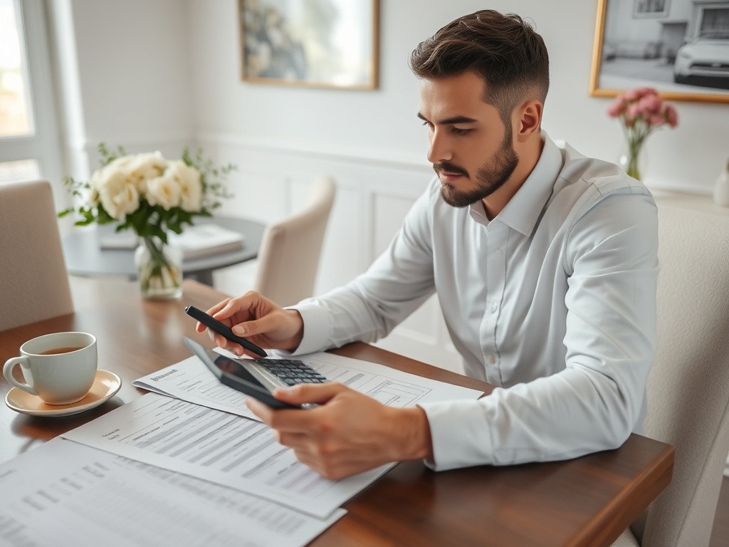 Молодой мужчина в светлой рубашке работает за столом с документами и калькулятором, рядом чашка кофе.